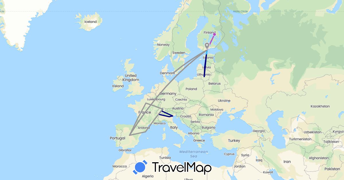 TravelMap itinerary: driving, plane, train, boat in Switzerland, Denmark, Estonia, Spain, Finland, France, Italy, Lithuania, Latvia (Europe)